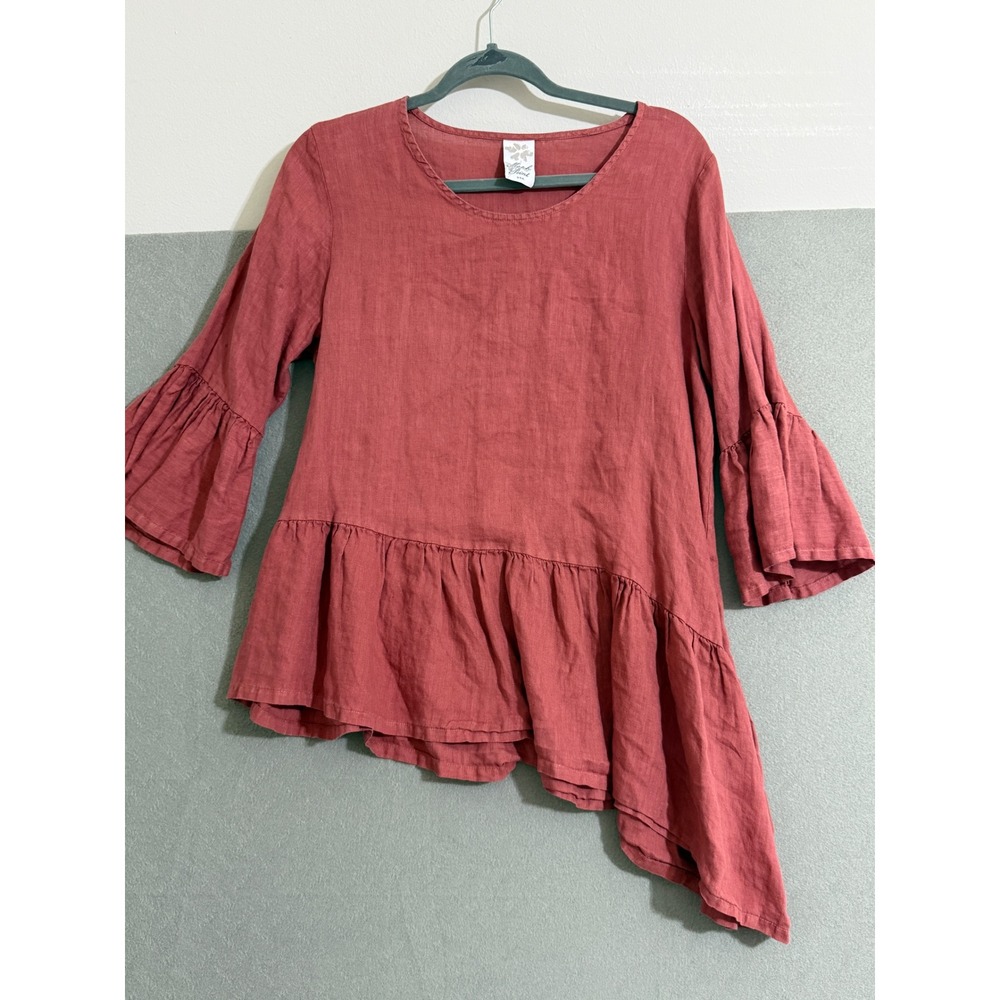 Match Point USA Womens Linen Asymmetrical Peplum Tunic Top Rose‎ S coastal boho